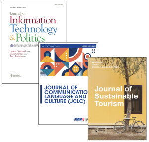 Three journal covers: Information Technology & Politics, Journal fo Communication Language and Culture, Journal of Sustainable Tourism